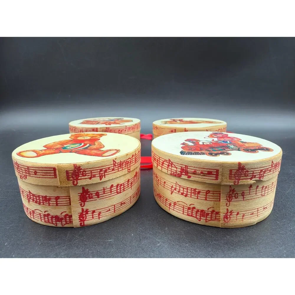 Vintage Teddy Bear Wooden Box Christmas Ornaments Set 4 Toyland Music 3”